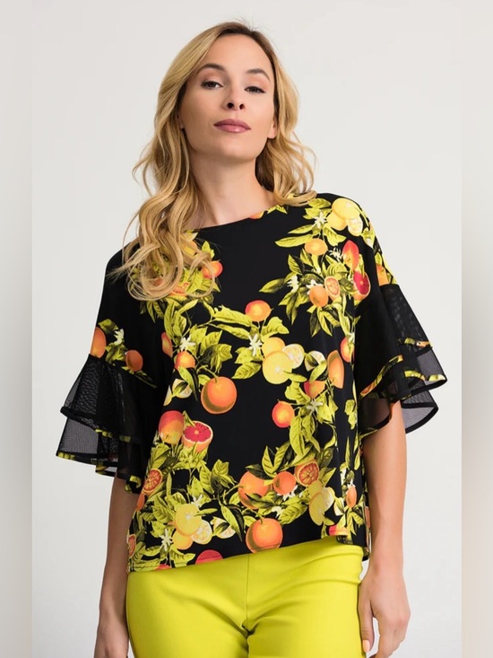 Joseph Ribkoff Tops - Joseph Ribkoff Black Citrus-Print Tunic Orange & Green Botanical Mesh Sleeves